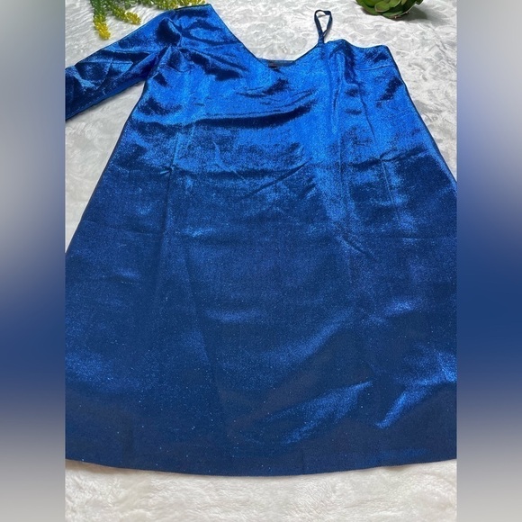 American Retro Mila Metallic Silk One Shoulder Long Sleeve Mini Dress in Blue - Picture 9 of 15